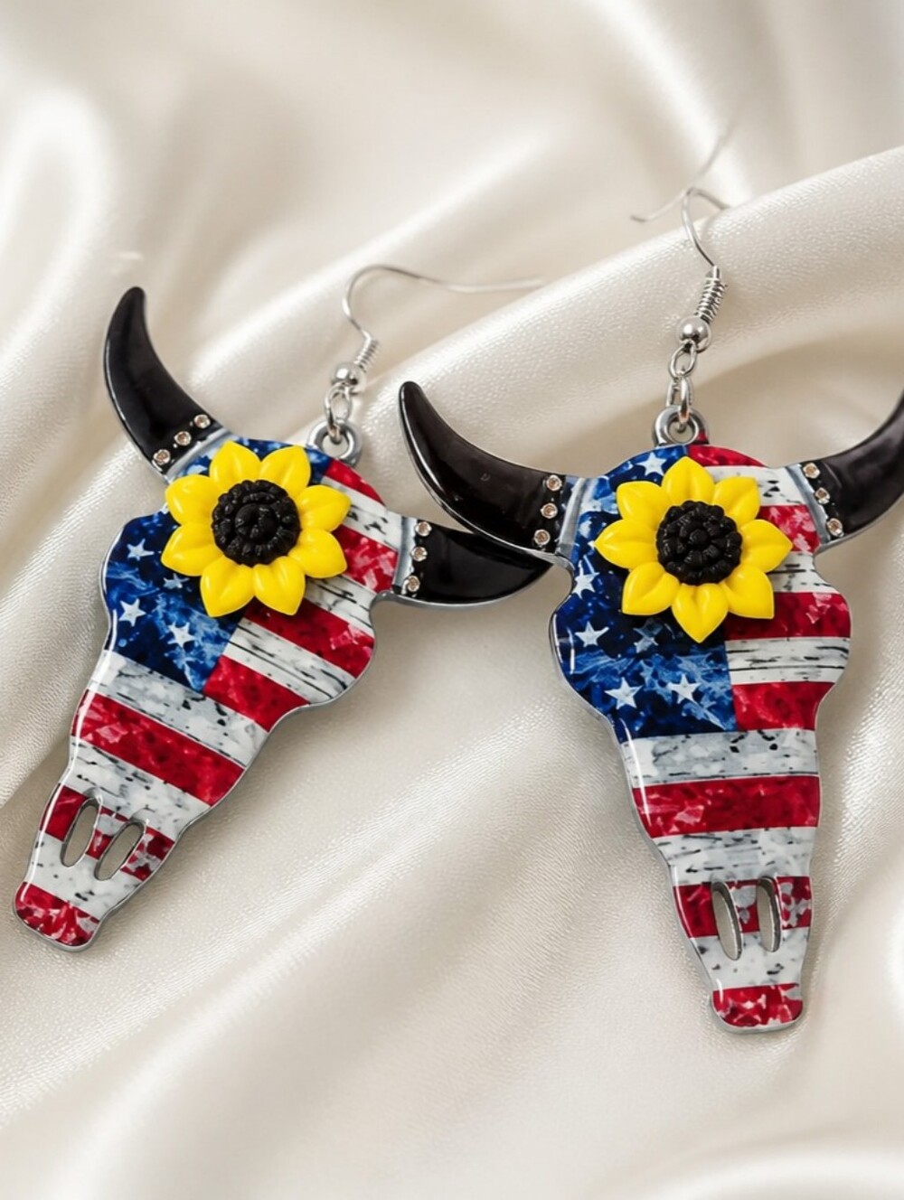 Sunflower Steer Head USA Flag Dangle Earrings  New
